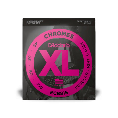 D'Addario ECB81S Chromes Flat Wound Short Scale Bass Guitar Strings Regular Light 45-100-Music World Academy