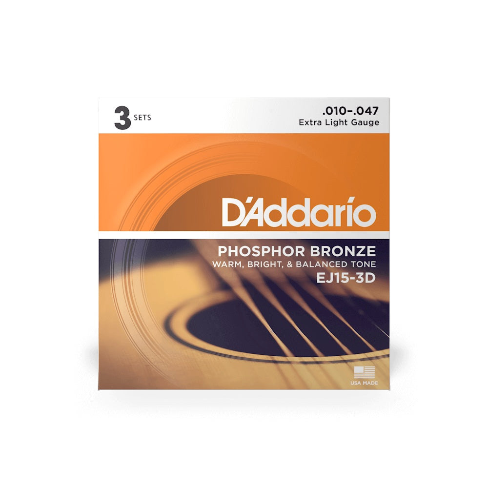 D'Addario EJ15-3D Acoustic Guitar Strings Phosphor Bronze Extra Light 3-Pack 10-47-Music World Academy