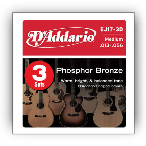 D'Addario EJ17-3D 3-Pack Phosphor Bronze Acoustic Guitar Strings Medium 13-56-Music World Academy