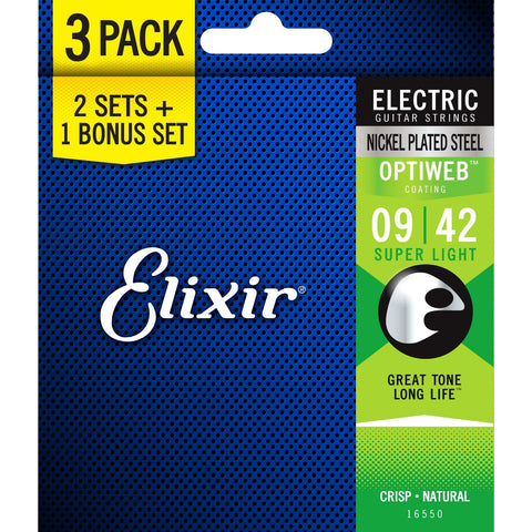 Elixir 16550 Optiweb Coated Electric Guitar Strings Super Light 9-42 3-Pack-Music World Academy