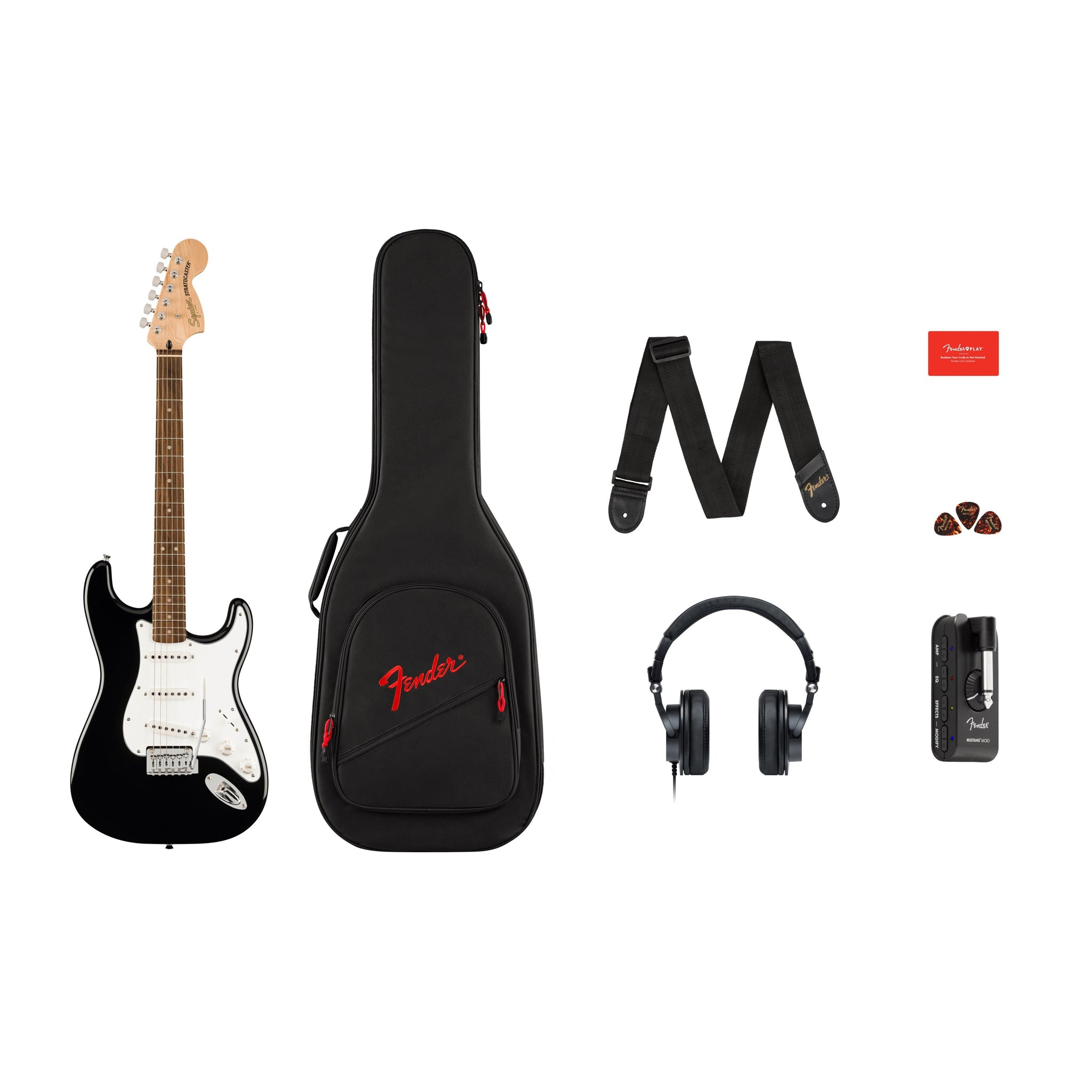 Fender Squier Affinty Series Stratocaster Mustang Micro Guitar Pack with Mustang Micro Amp, Headphones, Gig Bag, Picks & Strap-Black-Music World Academy