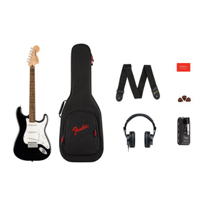 Fender Squier Affinty Series Stratocaster Mustang Micro Guitar Pack with Mustang Micro Amp, Headphones, Gig Bag, Picks & Strap-Black-Music World Academy