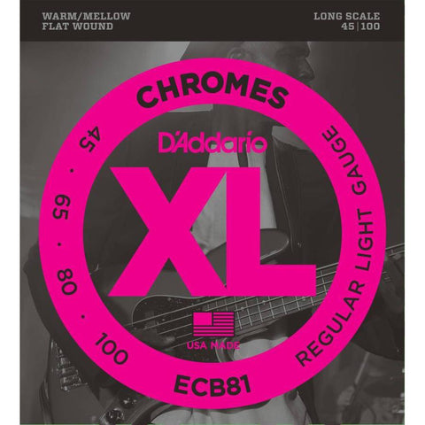 D'Addario ECB81 Chromes Flat Wound Bass Guitar Strings Regular Light 45-100-Music World Academy