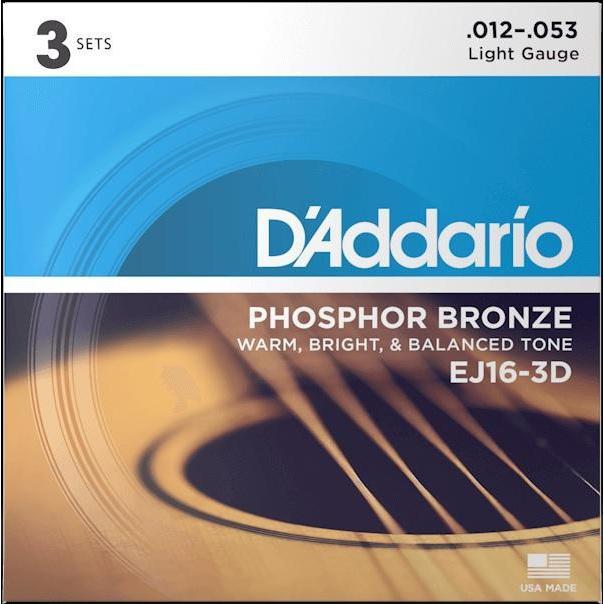 D'Addario EJ16-3D Acoustic Guitar Strings Phosphor Bronze Light 3-Pack 12-53-Music World Academy