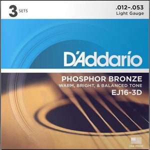 D'Addario EJ16-3D Acoustic Guitar Strings Phosphor Bronze Light 3-Pack 12-53-Music World Academy