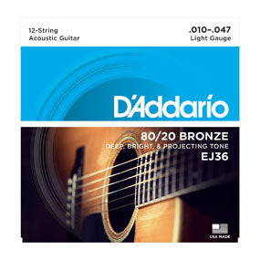 D'Addario EJ36 80/20 Bronze 12-String Acoustic Guitar Strings Light 10-47-Music World Academy