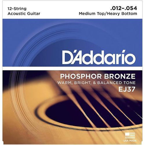 D'Addario EJ37 Phosphor Bronze 12-String Acoustic Guitar Strings Medium Top/Heavy Bottom 12-54-Music World Academy