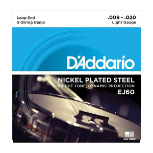 D'Addario EJ60 Nickel Plated Steel Loop End 5-String Banjo Strings Light 9-20-Music World Academy