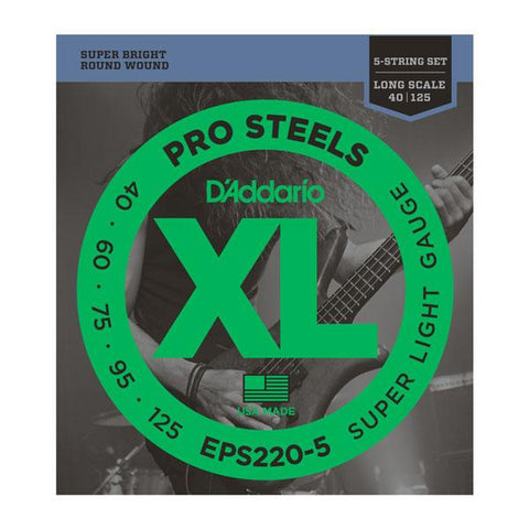 D'Addario EPS220-5 Pro Steels Round Wound 5-String Bass Strings Long Scale Super Light 40-125-Music World Academy