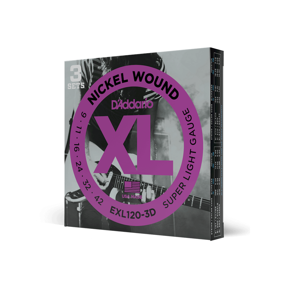 D'Addario EXL120-3D XL Nickel Wound Electric Guitar Strings 3-Pack Super Light 9-42-Music World Academy