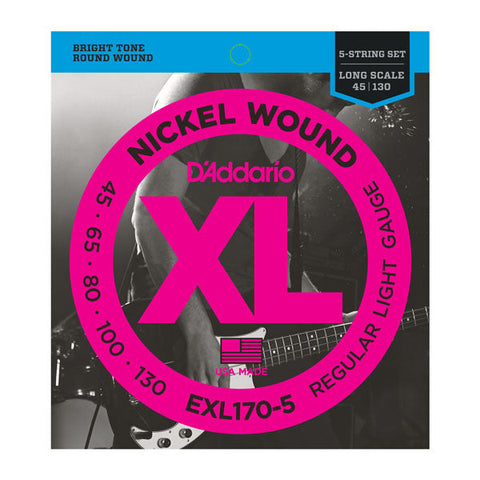 D'Addario EXL170-5 XL Nickel Wound 5-String Bass Guitar Strings Regular Light 45-130-Music World Academy