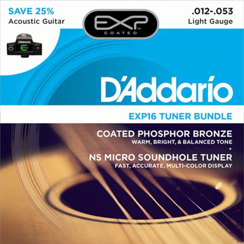 D'Addario EXP16-CT15 Coated Phosphor Bronze Acoustic Guitar Strings Light 12-53 with CT-15 Soundhole Tuner-Music World Academy