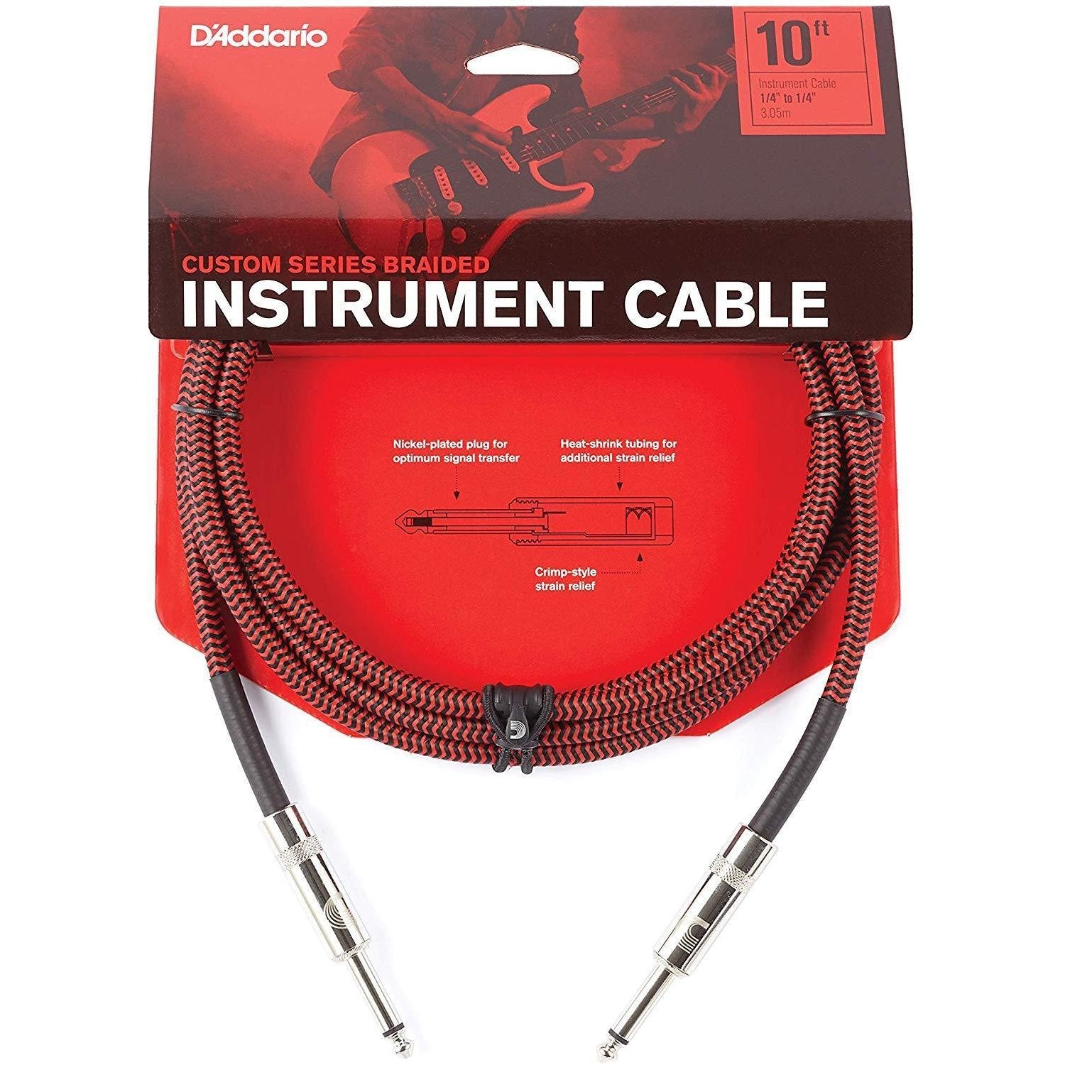 D'Addario PW-BG-10RD Braided Instrument Cable 1/4" Male-1/4" Male 10ft-Red-Music World Academy