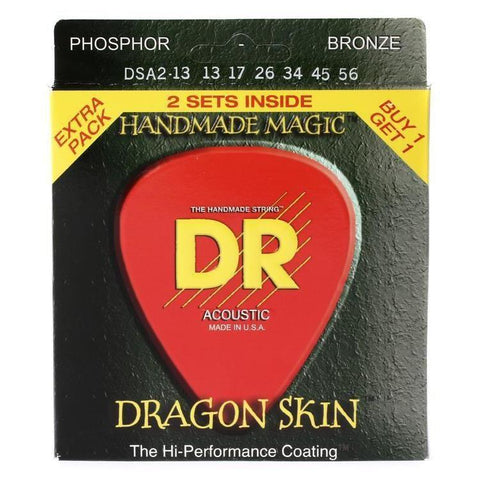 DR DSA2/13 Dragon Skin K3 Coated Phosphor Bronze Acoustic Guitar Strings Medium 13-56 2-Pack-Music World Academy