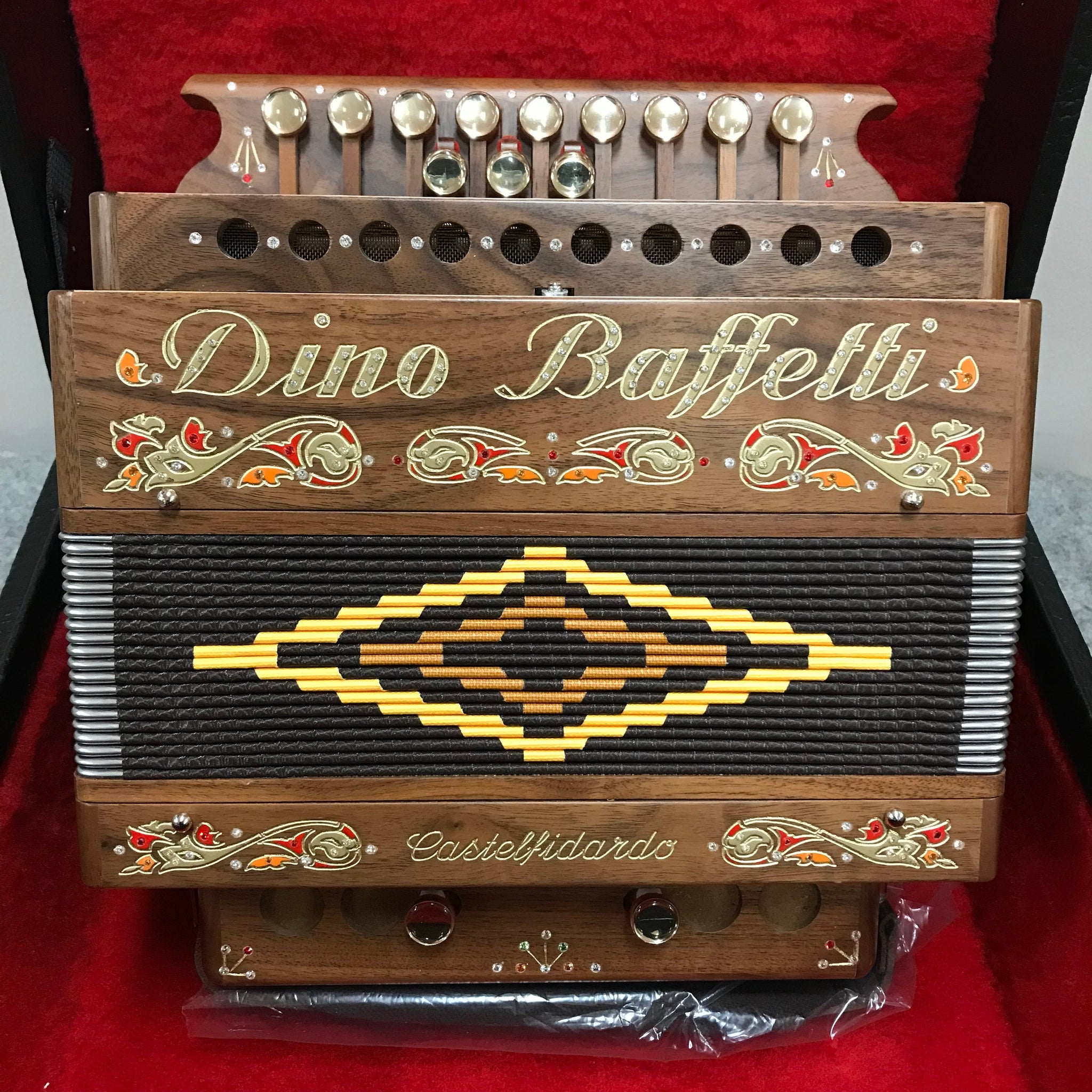 Dino Baffetti ART28-LN-SOL Flautato Walnut Wood 2 Bass Diatonic Accordion with Hardshell Case and Straps-Key of G-Music World Academy