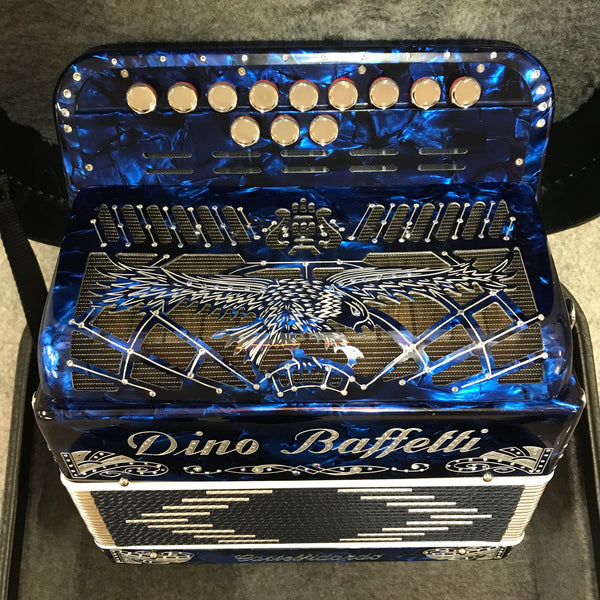 Dino Baffetti ART41-LUSSO-BLU-RE Celluloid 4 Bass Diatonic Accordion with Hardshell Case and Straps-Key of D-Music World Academy
