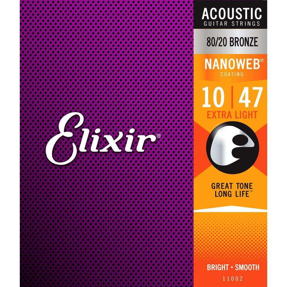 Elixir 11002 Nanoweb 80/20 Bronze Coated Acoustic Guitar Strings Extra Light 10-47-Music World Academy