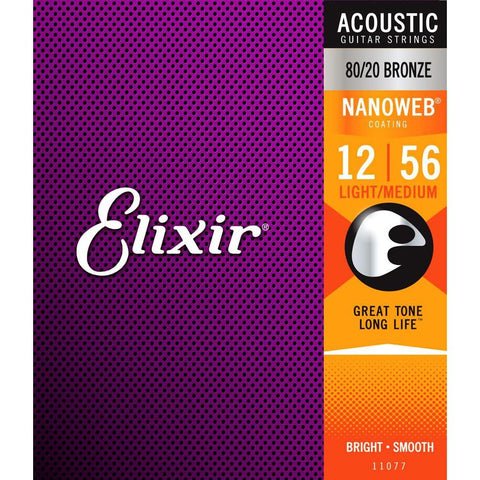 Elixir 11077 Nanoweb 80/20 Bronze Coated Acoustic Guitar Strings Light/Medium 12-56-Music World Academy