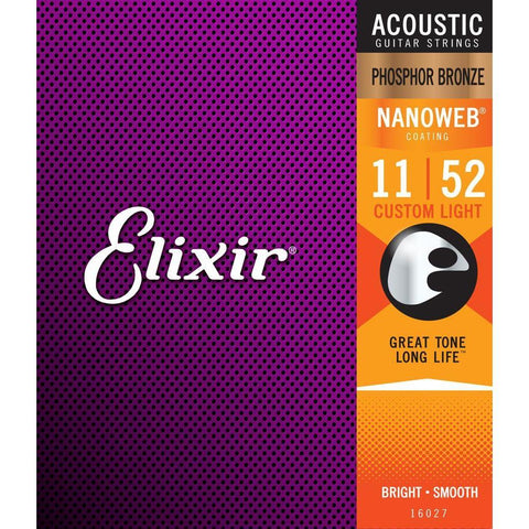 Elixir 16027 Nanoweb Phosphor Bronze Coated Acoustic Guitar Strings Custom Light 11-52-Music World Academy