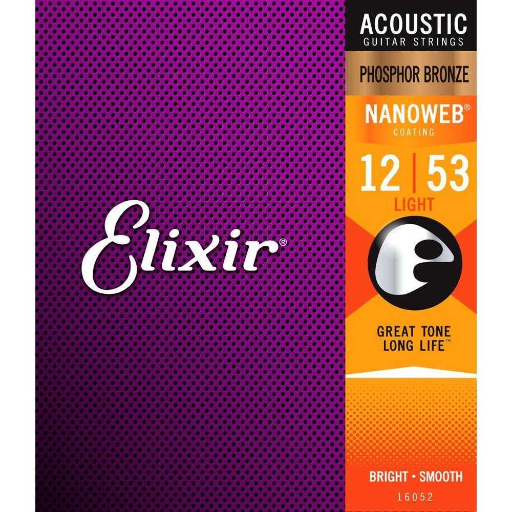 Elixir 16052 Nanoweb Phosphor Bronze Coated Acoustic Guitar Strings Light 12-53-Music World Academy