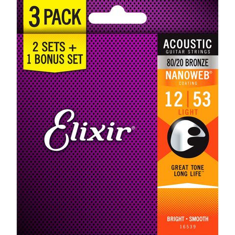 Elixir 16539 Nanoweb 80/20 Bronze Coated Acoustic Guitar Strings Light 12-53 3-Pack-Music World Academy