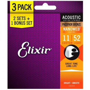 Elixir 16544 Nanoweb Phosphor Bronze Coated Acoustic Guitar Strings Custom Light 11-52 3-Pack-Music World Academy