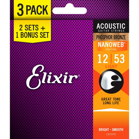 Elixir 16545 Nanoweb Phosphor Bronze Coated Acoustic Guitar Strings Light 12-53 3-Pack-Music World Academy