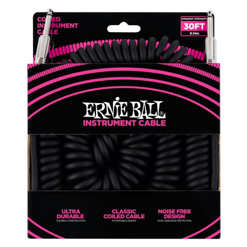 Ernie Ball 6044 Coiled Instrument Cable 1/4" Male-1/4" Male 30ft-Black-Music World Academy