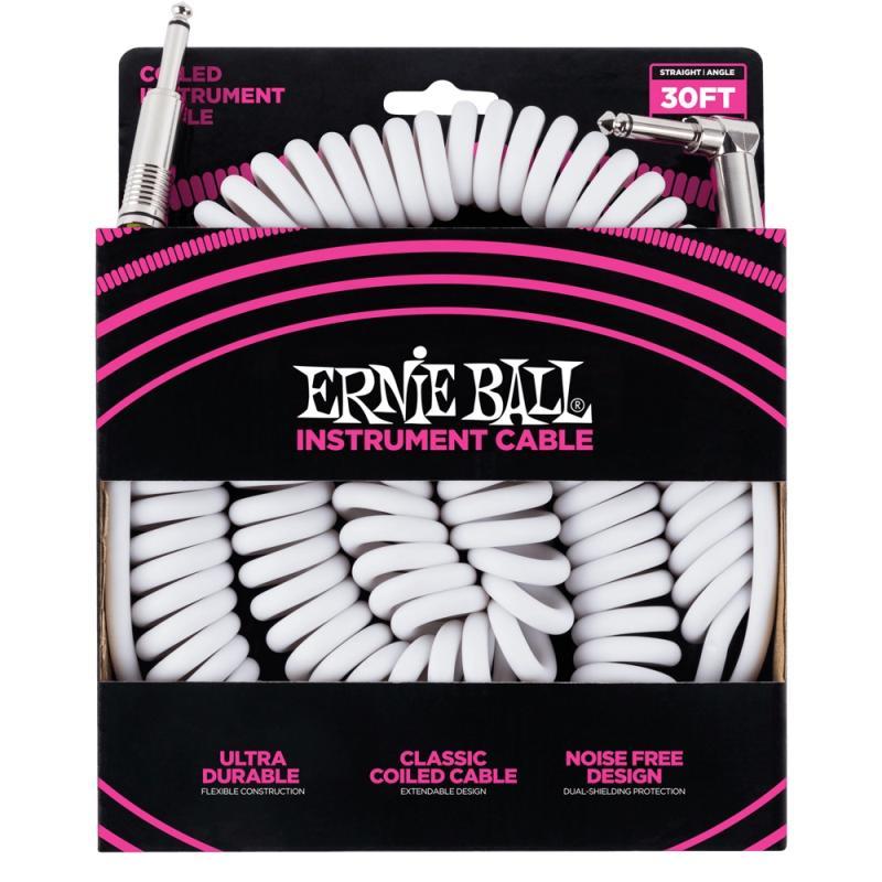Ernie Ball 6045 Coiled Instrument Cable 1/4" Male-1/4" Male 30ft-White-Music World Academy
