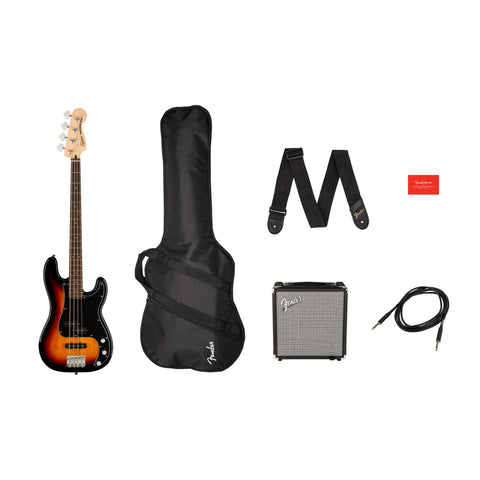 Fender Squier Precision Bass Guitar Pack Affinity Series with Rumble 15 Amp, Gig Bag, Strap and Cable-3-Colour Sunburst-Music World Academy
