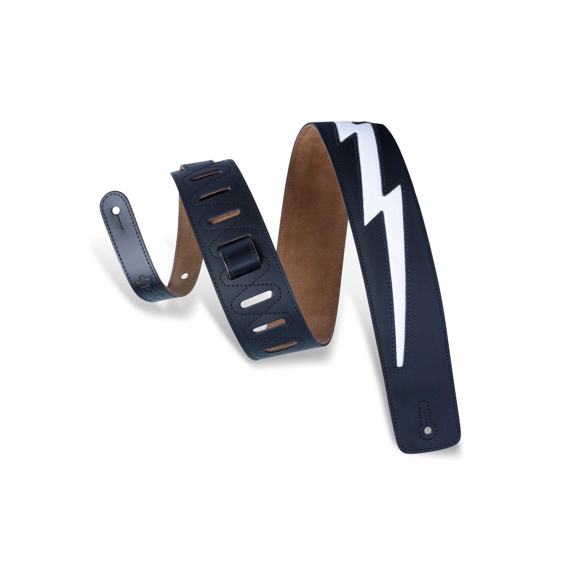 Levy's DM2-BLK 2-1/2" Leather Guitar Strap-Black with White Lightning-Music World Academy