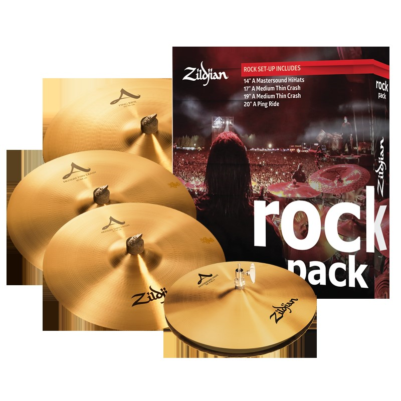 Zildjian A Rock Cymbal 4-Pack with 14" Hi-Hats, 17" Thin Crash, 19" Thin Crash, 20" Ride-Music World Academy